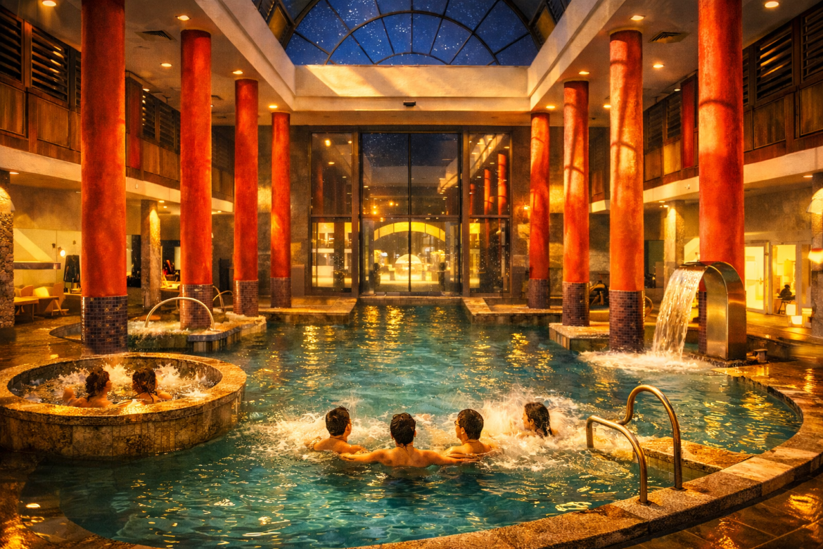 Illustration for Bains du Couloubret in Ax-les-Thermes: a warmly lit indoor spa pool