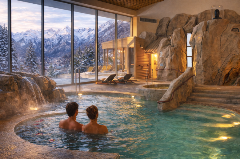 Illustration for Sensoria Saint-Lary: a couple in a spa pool facing the Pyrenees