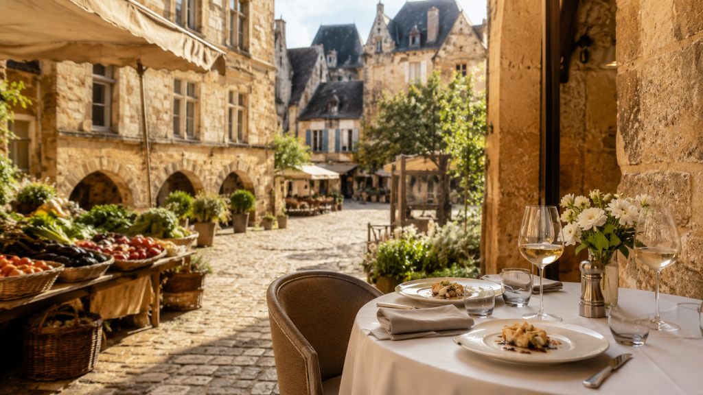 Terrasse de restaurant gastronomique dans un village du Périgord avec marché en arrière-plan