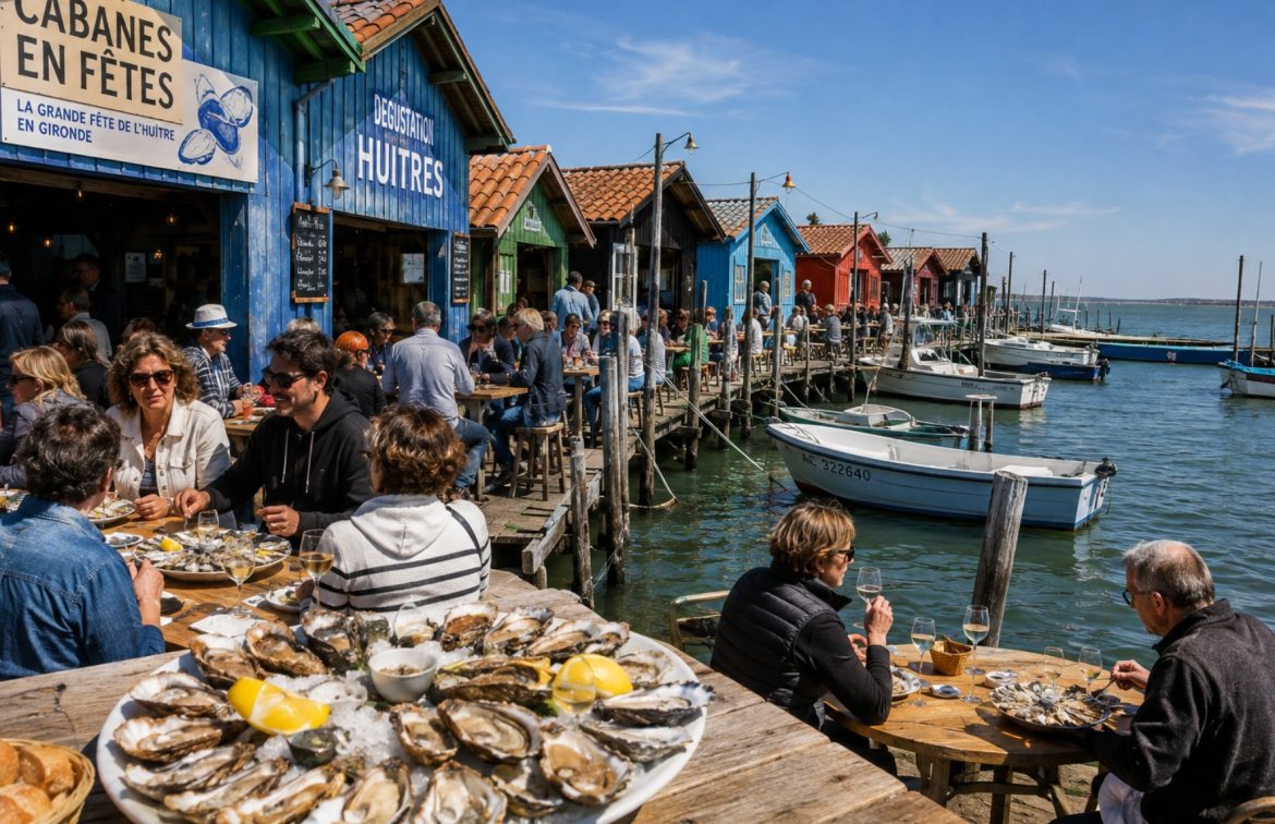 Cabanes ostréicoles colorées au bord de l'eau en Gironde, tables en terrasse et plateaux d'huîtres servis face aux bateaux du port