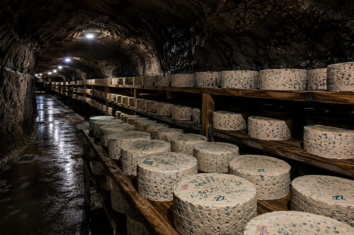 Cave naturelle d'affinage de Roquefort, meules de fromage bleu alignées sur des planches de bois dans une galerie de pierre humide