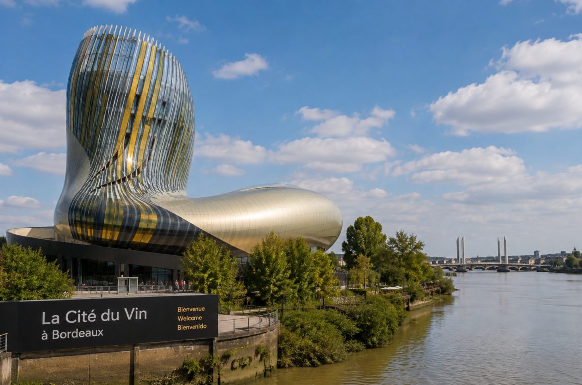 La Cité du Vin de Bordeaux, bâtiment aux courbes dorées au bord de la Garonne, avec le pont Chaban-Delmas en arrière-plan