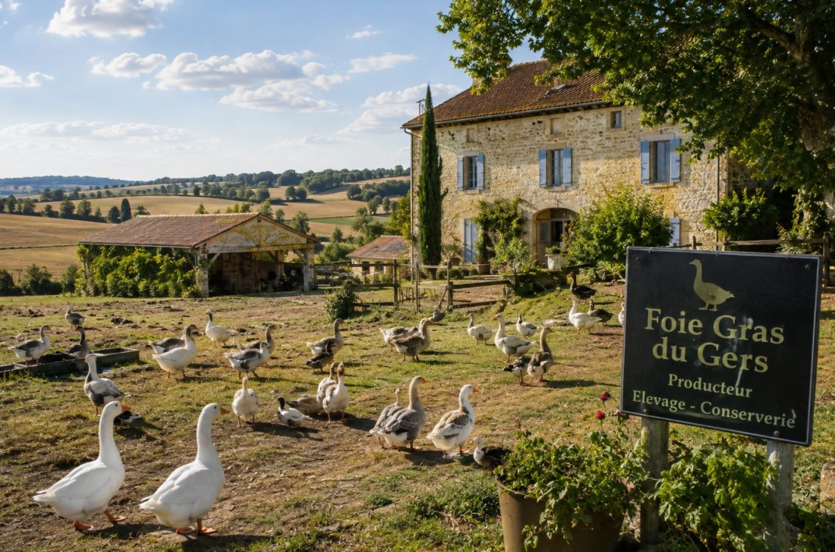 Oies élevées en plein air devant une ferme gasconne en pierre dans les collines du Gers, panneau Foie Gras du Gers producteur élevage conserverie