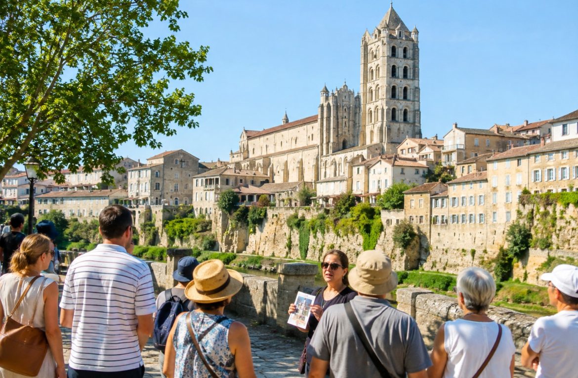 Groupe de visiteurs guidés devant une cité médiévale et son clocher lors des Journées du Patrimoine