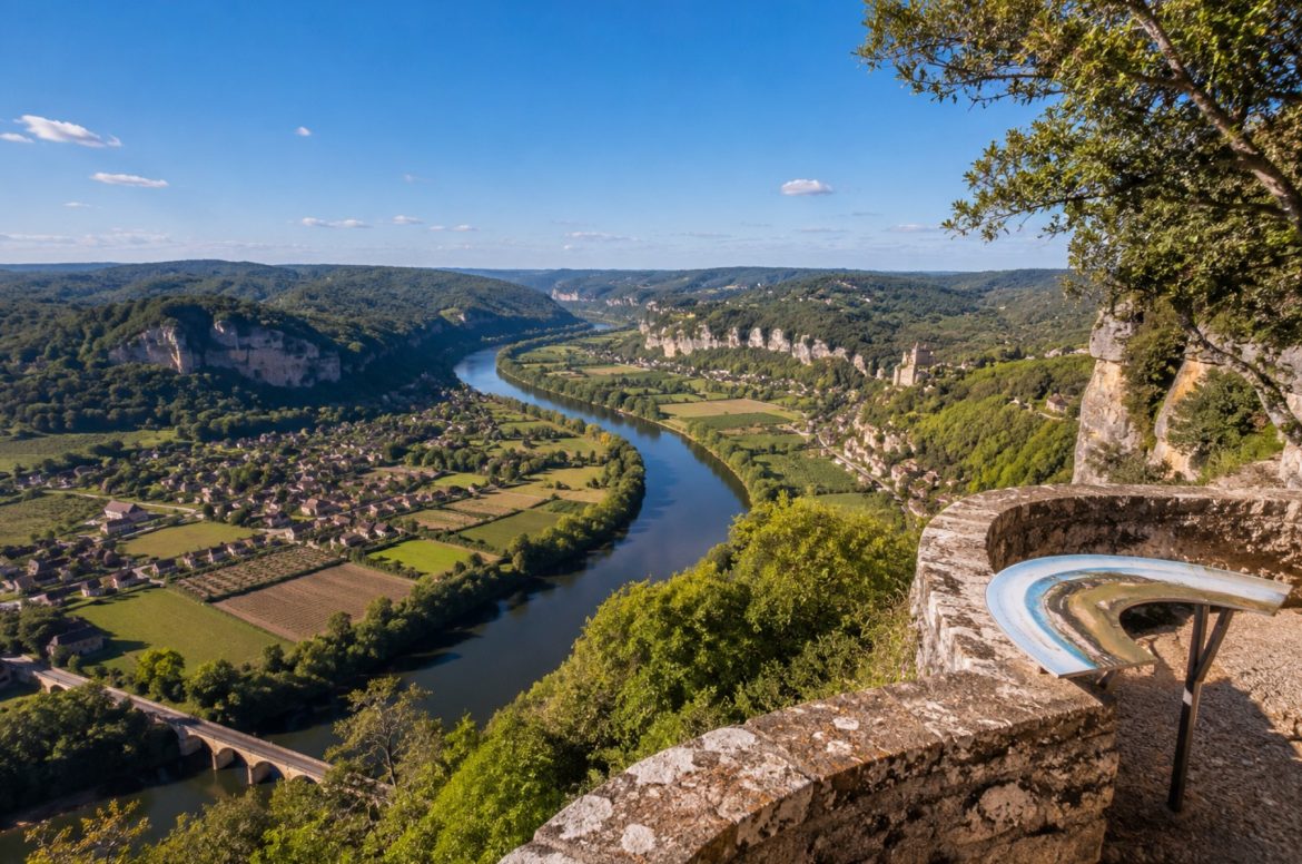 Table d'orientation sur un belvédère de pierre dominant la boucle de la Dordogne, ses falaises calcaires, ses villages et ses champs