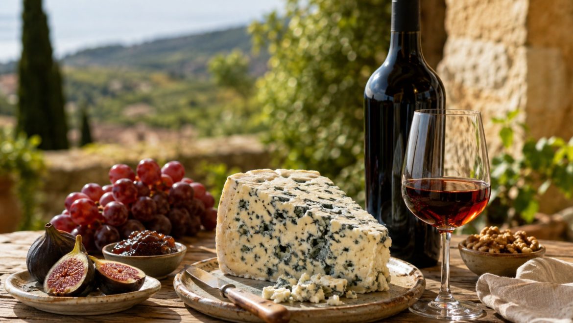 Part de roquefort sur une planche en bois avec un verre de Banyuls, figues fraîches, raisin et noix face aux collines du Sud-Ouest