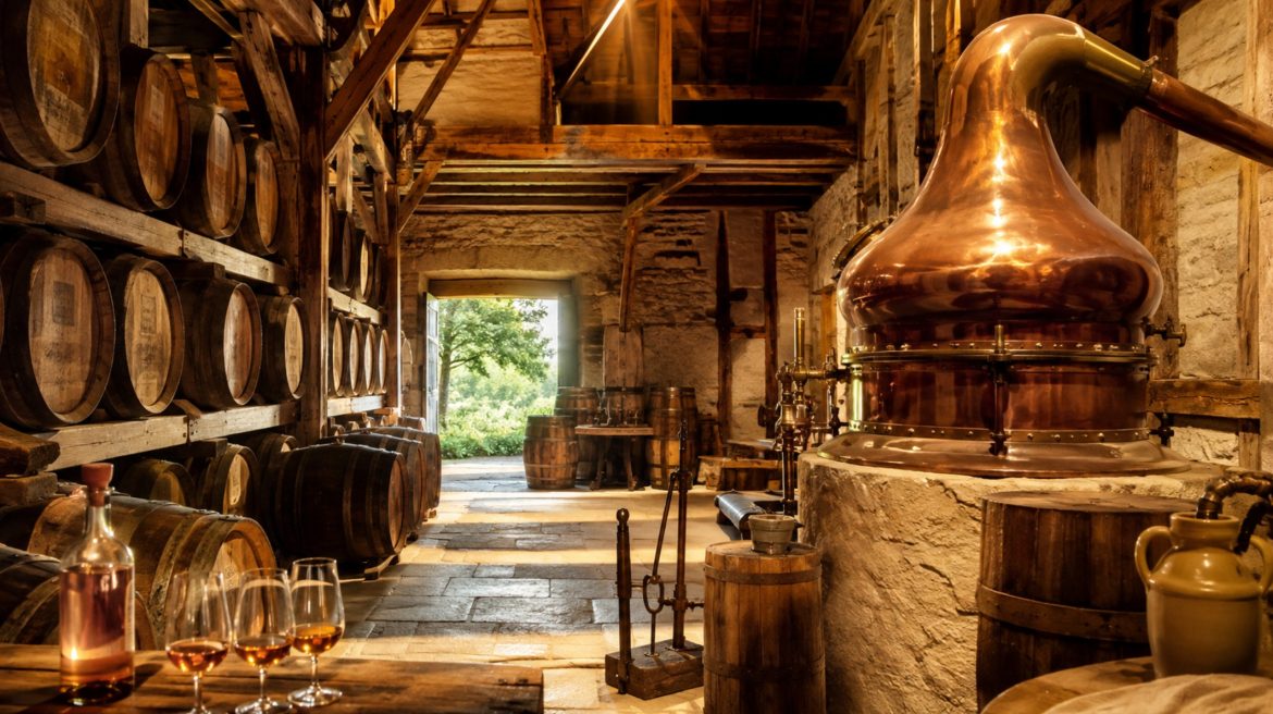 Chai d'armagnac aux fûts de chêne empilés et alambic en cuivre dans une distillerie centenaire du Gers, verres de dégustation au premier plan