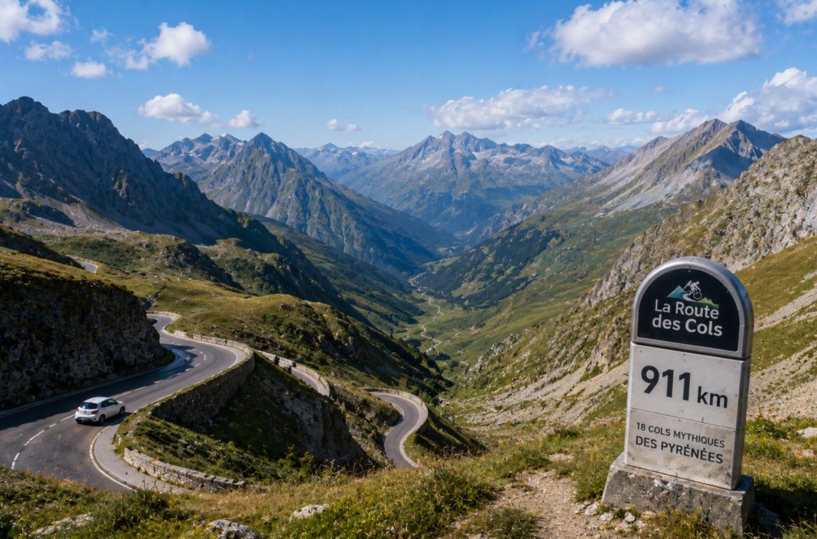 Borne « La Route des Cols, 911 km » au bord d'une route en lacets dominant une vallée et les sommets des Pyrénées