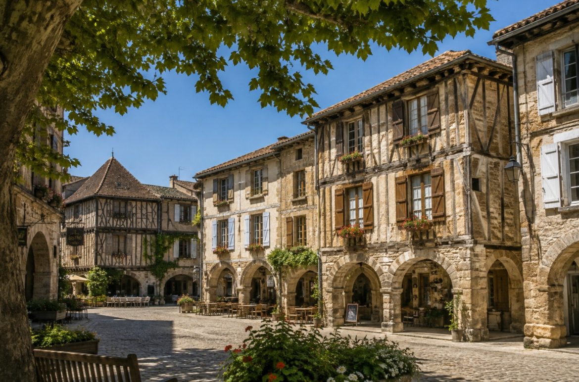 Place à arcades d'une bastide médiévale du Sud-Ouest, maisons à colombages et pierre dorée autour d'une place pavée ombragée