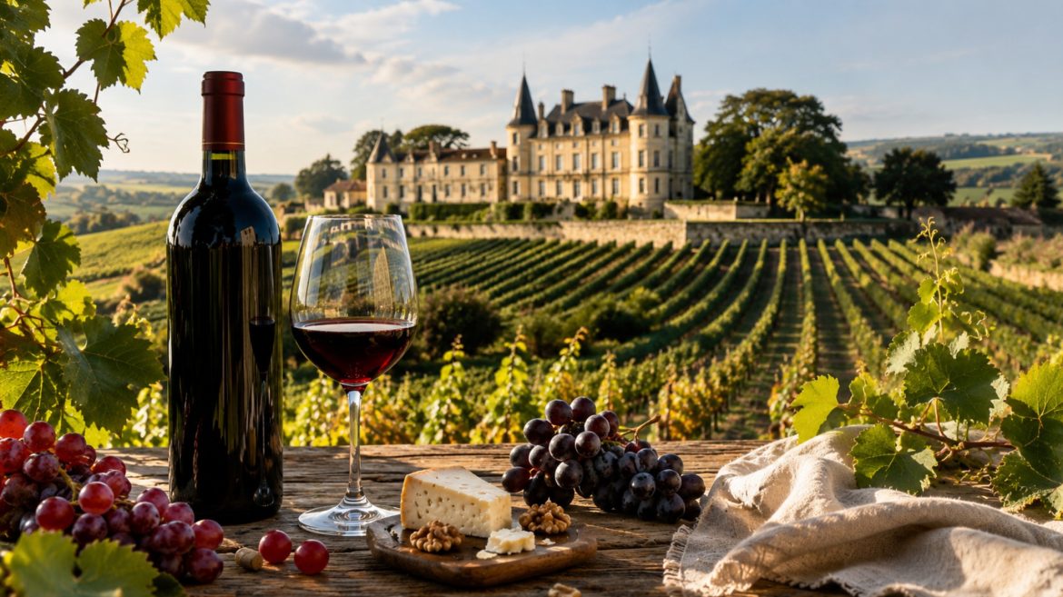 Bouteille et verre de vin rouge sur une table en bois devant les rangs de vigne et le château d'un domaine du vignoble bordelais
