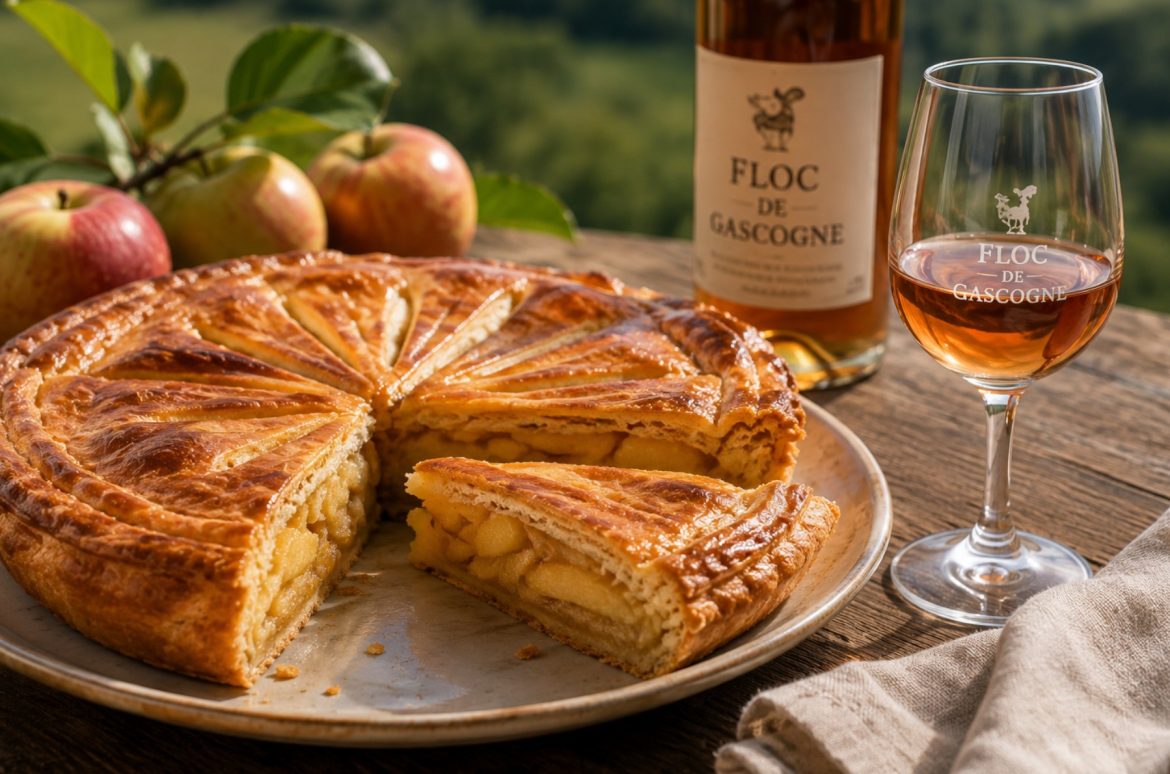 Tourtière gasconne aux pommes entamée sur une assiette, avec une bouteille et un verre de Floc de Gascogne et des pommes fraîches