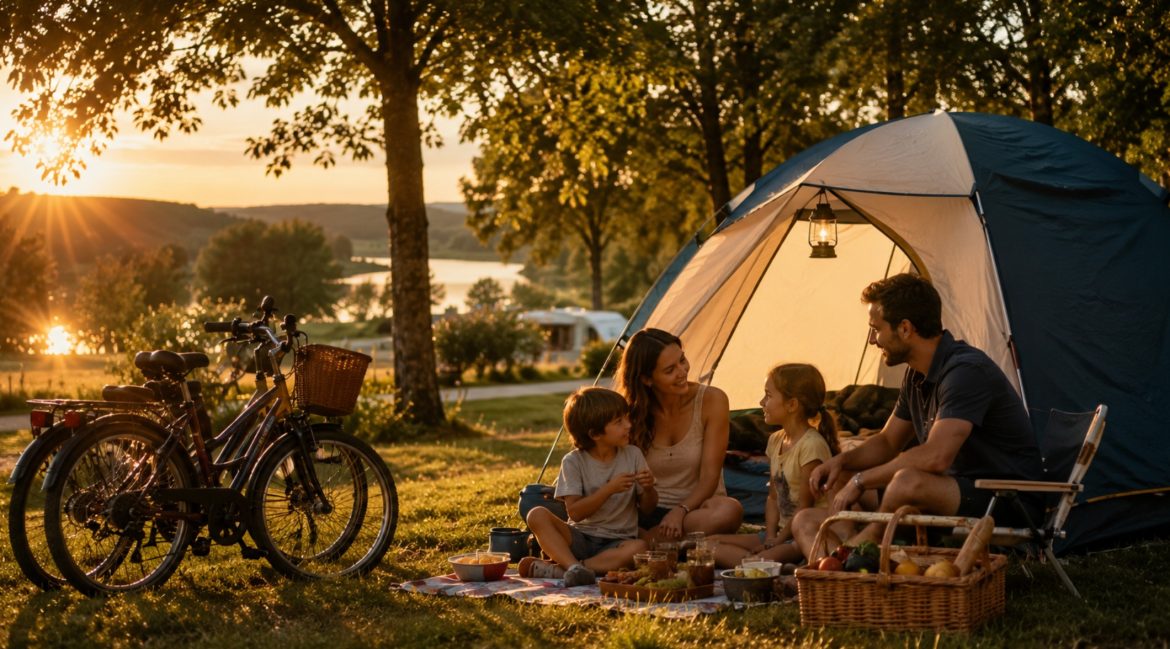 Famille installée devant une tente dans un camping du Sud-Ouest au coucher du soleil, vélos et panier de pique-nique à côté, lac en arrière-plan