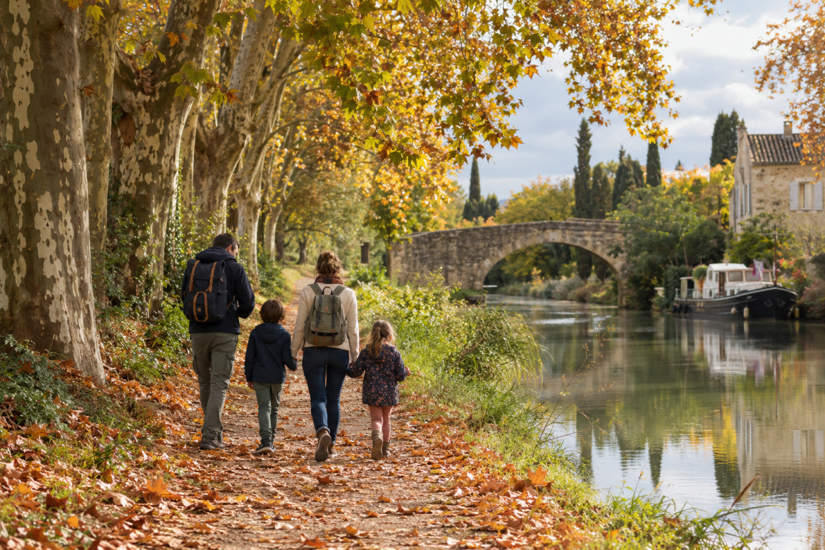 Famille avec deux enfants en balade au bord d’un canal sous les arbres d’automne dans le Sud-Ouest